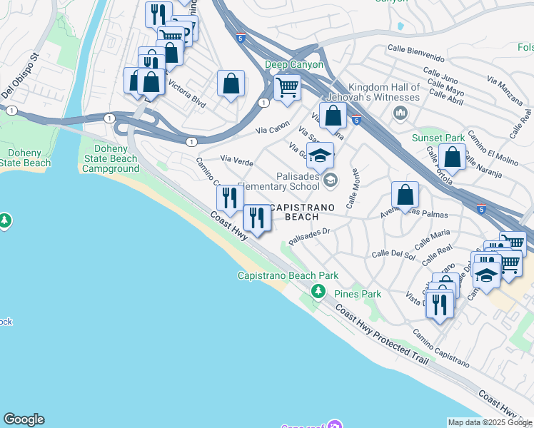 map of restaurants, bars, coffee shops, grocery stores, and more near 34626 Camino Capistrano in Dana Point