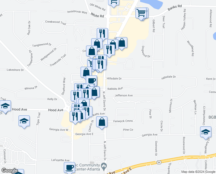 map of restaurants, bars, coffee shops, grocery stores, and more near 110 Rabbits Run in Fayetteville