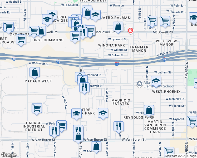 map of restaurants, bars, coffee shops, grocery stores, and more near 4211 West Roosevelt Street in Phoenix
