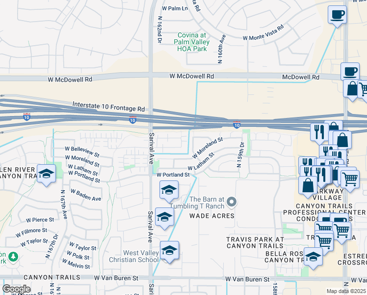 map of restaurants, bars, coffee shops, grocery stores, and more near 16176 West Moreland Street in Goodyear