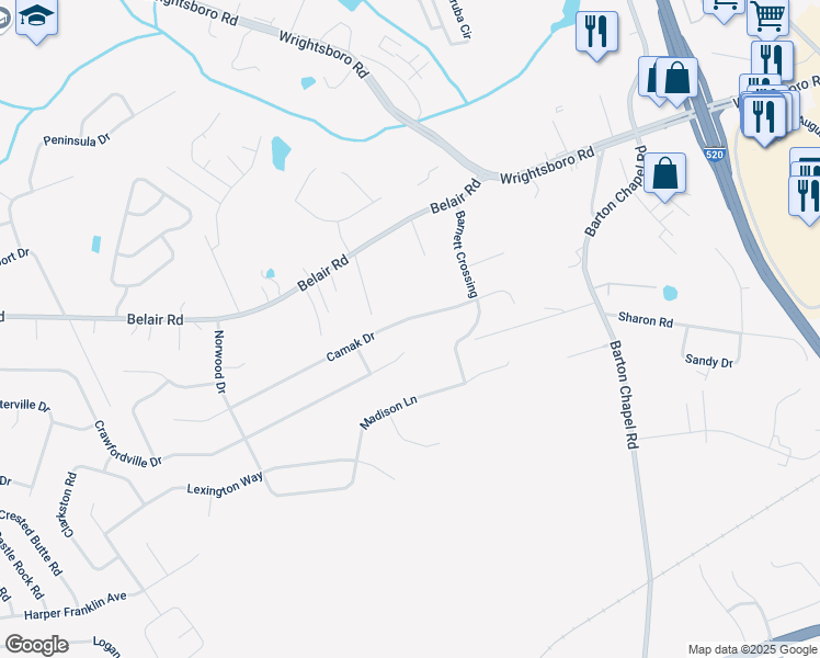 map of restaurants, bars, coffee shops, grocery stores, and more near 3663 Crawfordville Drive in Augusta