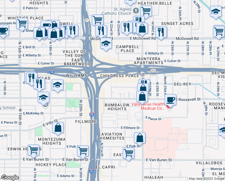 map of restaurants, bars, coffee shops, grocery stores, and more near 2138 East Roosevelt Street in Phoenix