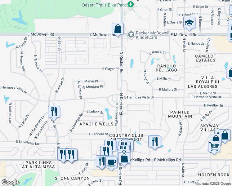 map of restaurants, bars, coffee shops, grocery stores, and more near 2352 North Shannon Way in Mesa