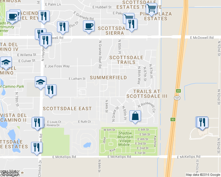 map of restaurants, bars, coffee shops, grocery stores, and more near 8524 East Roosevelt Street in Scottsdale