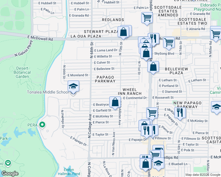 map of restaurants, bars, coffee shops, grocery stores, and more near 6937 East Diamond Street in Scottsdale