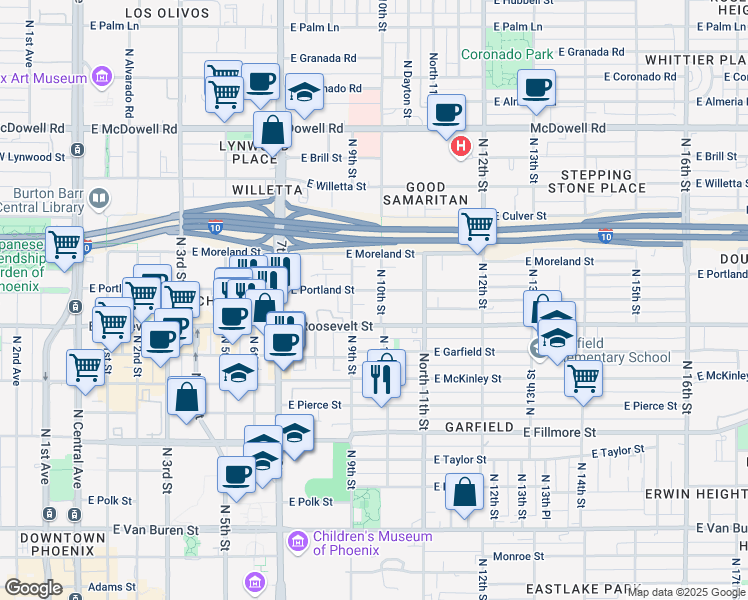 map of restaurants, bars, coffee shops, grocery stores, and more near 1009 North 10th Street in Phoenix