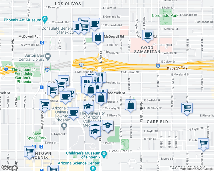 map of restaurants, bars, coffee shops, grocery stores, and more near 802 East Roosevelt Street in Phoenix
