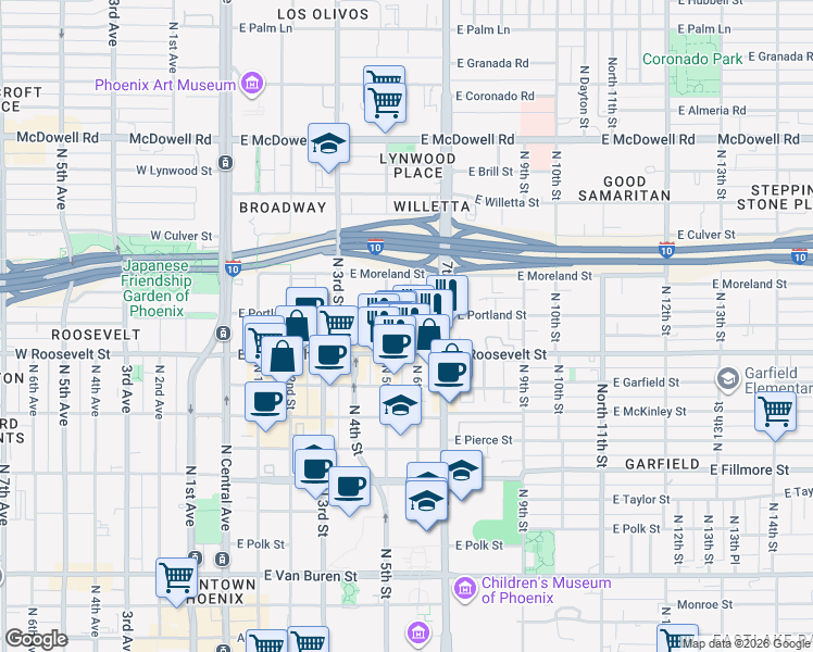 map of restaurants, bars, coffee shops, grocery stores, and more near 144 East Roosevelt Street in Phoenix