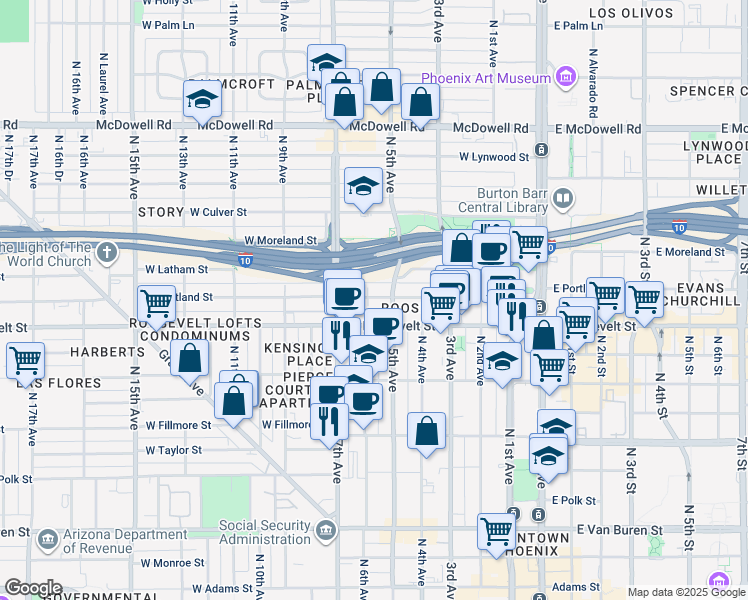 map of restaurants, bars, coffee shops, grocery stores, and more near 526 West Roosevelt Street in Phoenix