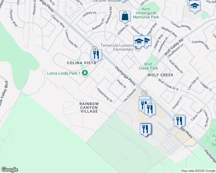 map of restaurants, bars, coffee shops, grocery stores, and more near 45725 Jeronimo Street in Temecula