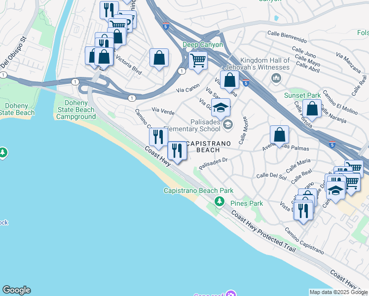 map of restaurants, bars, coffee shops, grocery stores, and more near 34691 1/2 Camino Capistrano in Dana Point