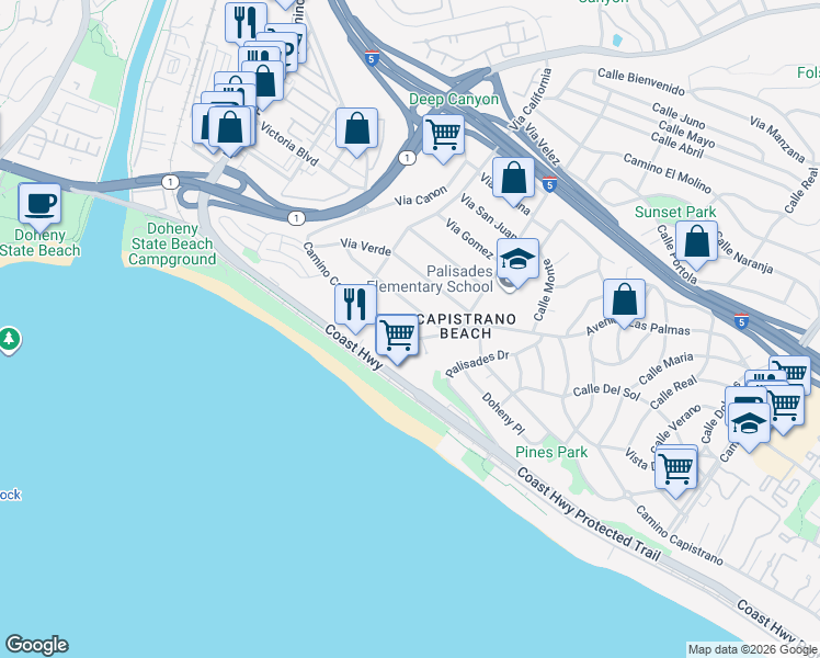 map of restaurants, bars, coffee shops, grocery stores, and more near 34691 1/2 Camino Capistrano in Dana Point