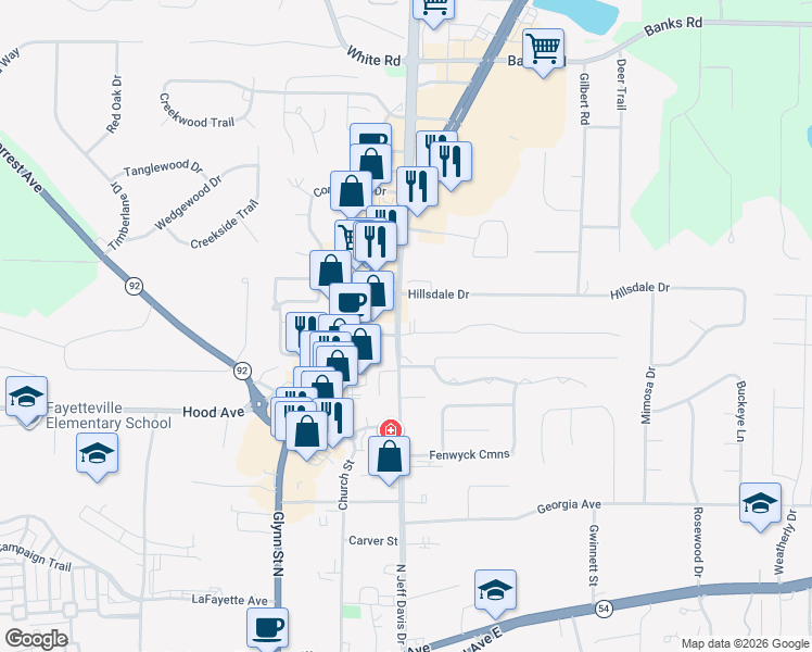 map of restaurants, bars, coffee shops, grocery stores, and more near 100 Rabbits Run in Fayetteville