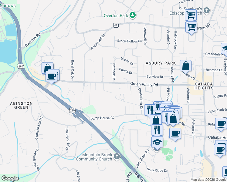 map of restaurants, bars, coffee shops, grocery stores, and more near 2954 Pipe Line Road in Vestavia Hills