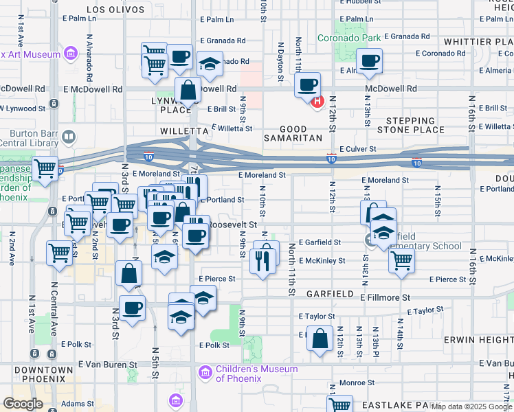 map of restaurants, bars, coffee shops, grocery stores, and more near 1009 North 10th Street in Phoenix