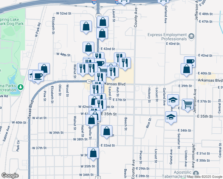 map of restaurants, bars, coffee shops, grocery stores, and more near 201 East 37th Street in Texarkana