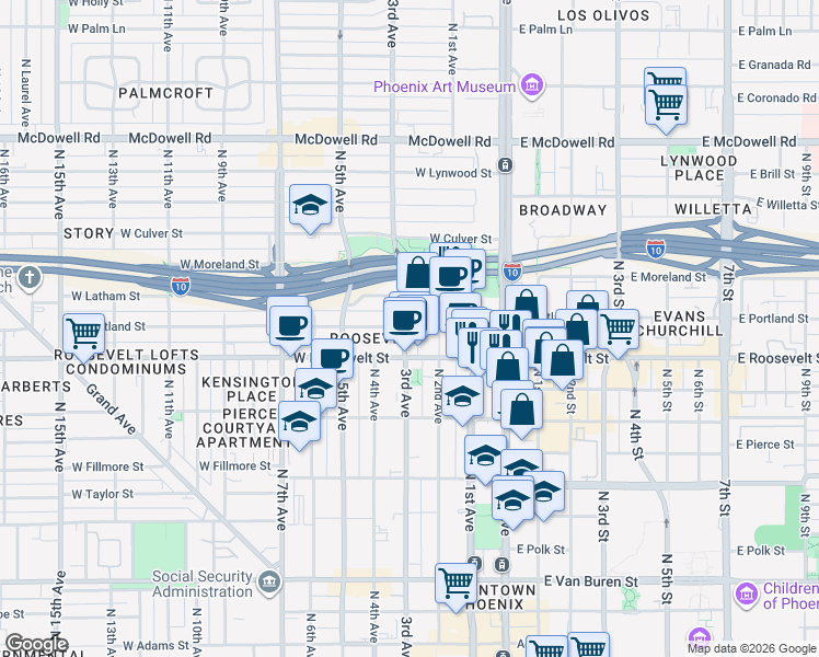 map of restaurants, bars, coffee shops, grocery stores, and more near 210 West Roosevelt Street in Phoenix
