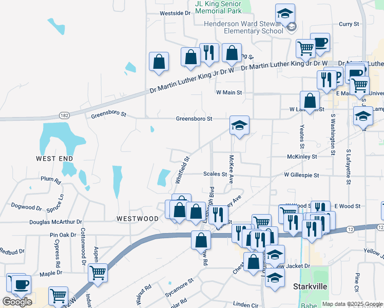 map of restaurants, bars, coffee shops, grocery stores, and more near 563 Whitfield Street in Starkville