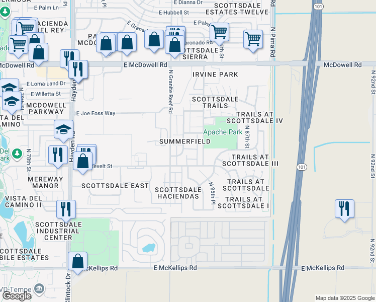 map of restaurants, bars, coffee shops, grocery stores, and more near 8524 East Roosevelt Street in Scottsdale