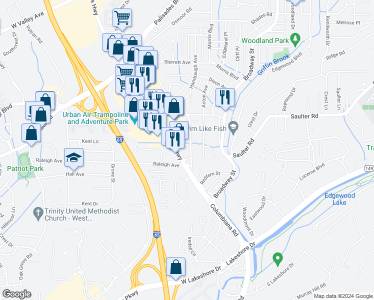 map of restaurants, bars, coffee shops, grocery stores, and more near 822 Columbiana Road in Birmingham