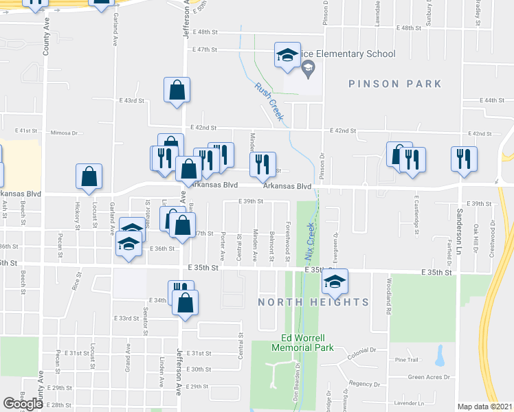 map of restaurants, bars, coffee shops, grocery stores, and more near 3714 Minden Street in Texarkana