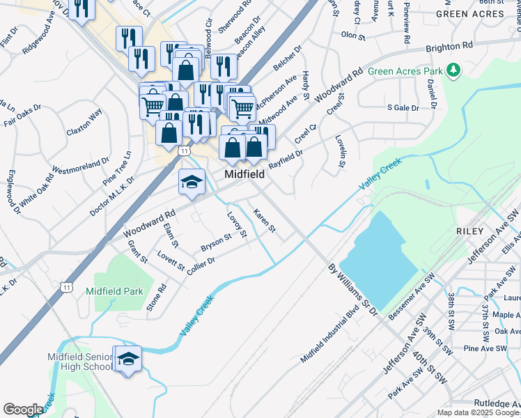 map of restaurants, bars, coffee shops, grocery stores, and more near 517 Karen Street in Birmingham