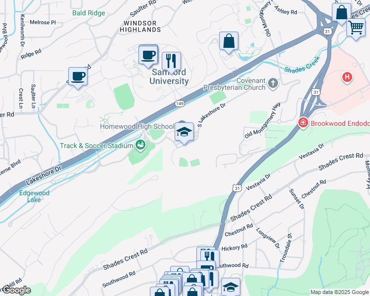 map of restaurants, bars, coffee shops, grocery stores, and more near 1901 South Lakeshore Drive in Homewood