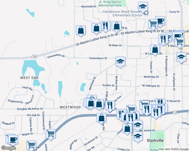 map of restaurants, bars, coffee shops, grocery stores, and more near 563-567 Whitfield Street in Starkville