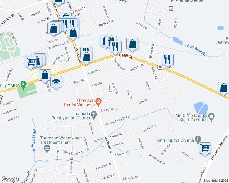 map of restaurants, bars, coffee shops, grocery stores, and more near 201 3rd Street in Thomson