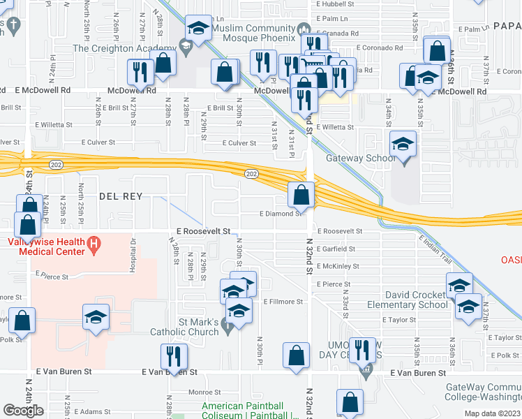 map of restaurants, bars, coffee shops, grocery stores, and more near 3026 East Diamond Street in Phoenix