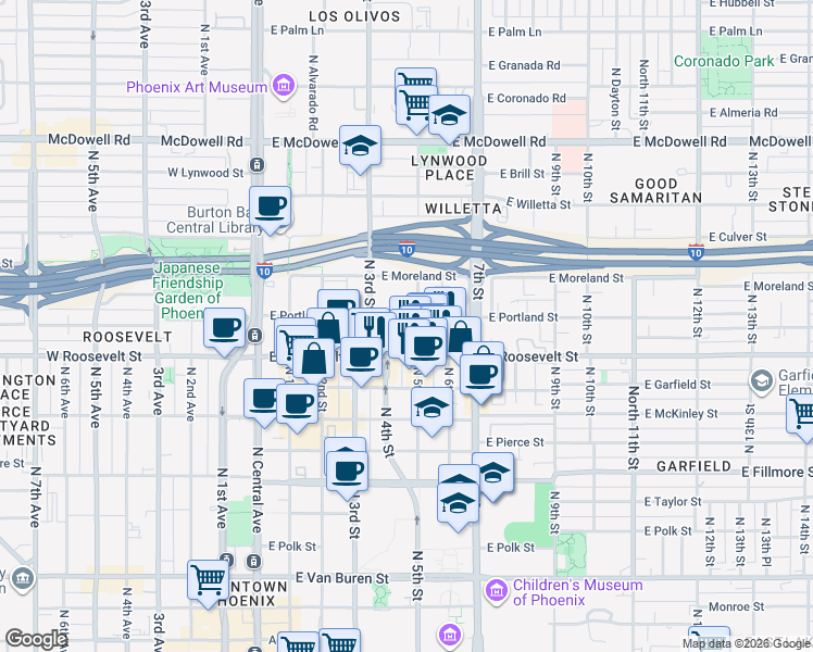 map of restaurants, bars, coffee shops, grocery stores, and more near 414 East Roosevelt Street in Phoenix