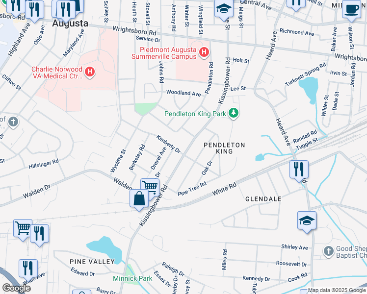 map of restaurants, bars, coffee shops, grocery stores, and more near 1725 Kissingbower Road in Augusta