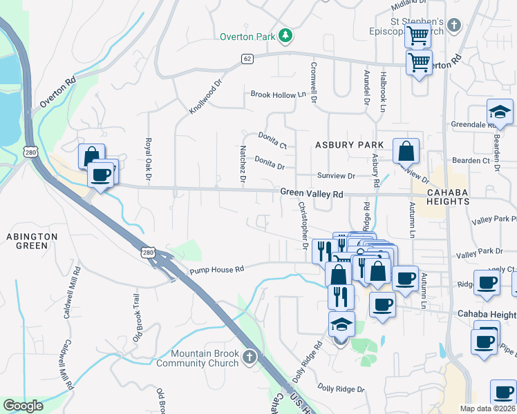 map of restaurants, bars, coffee shops, grocery stores, and more near 2954 Pipe Line Road in Vestavia Hills