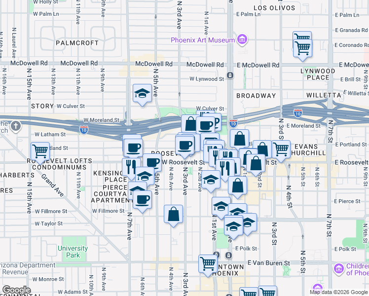 map of restaurants, bars, coffee shops, grocery stores, and more near North 3rd Avenue & West Portland Street in Phoenix