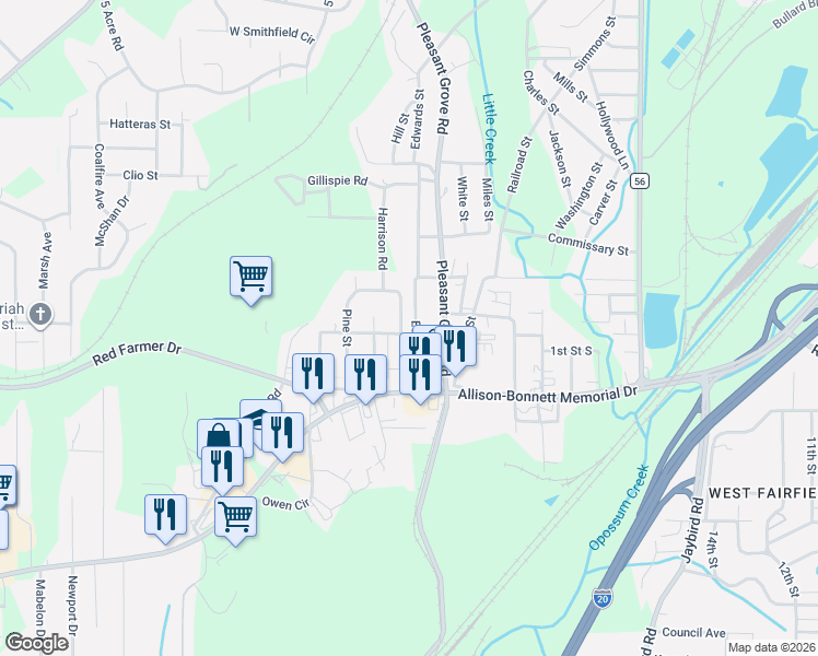 map of restaurants, bars, coffee shops, grocery stores, and more near 113 Woodward Drive in Hueytown