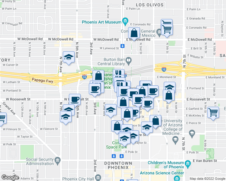 map of restaurants, bars, coffee shops, grocery stores, and more near 110 West Roosevelt Street in Phoenix