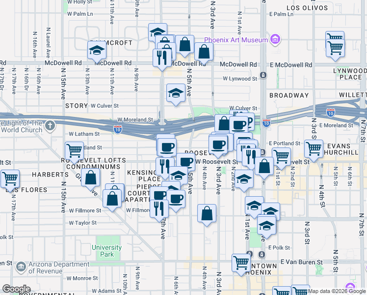 map of restaurants, bars, coffee shops, grocery stores, and more near 526 West Roosevelt Street in Phoenix
