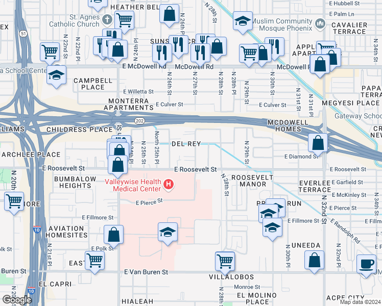 map of restaurants, bars, coffee shops, grocery stores, and more near 2628 East Roosevelt Street in Phoenix