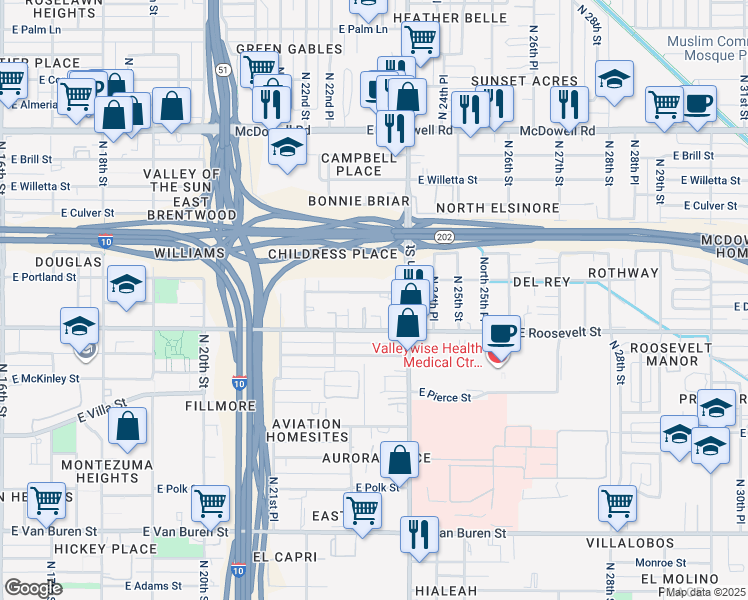 map of restaurants, bars, coffee shops, grocery stores, and more near 2310 East Roosevelt Street in Phoenix