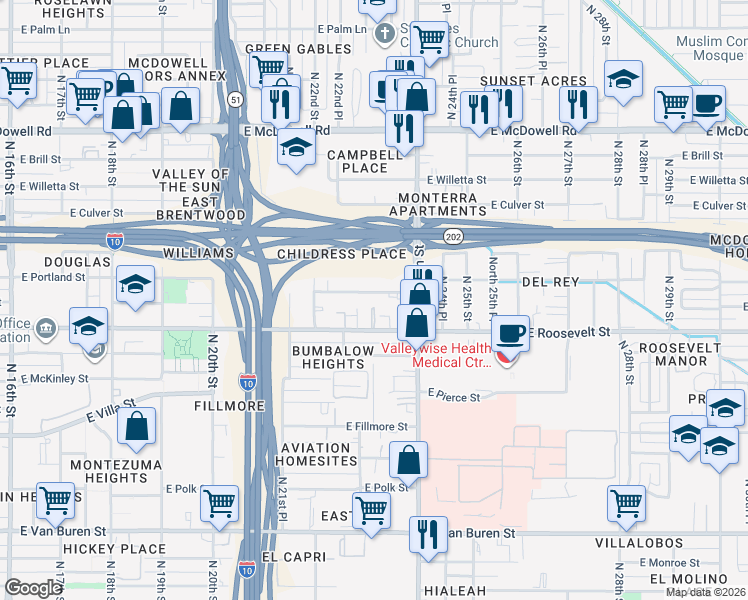 map of restaurants, bars, coffee shops, grocery stores, and more near 2310 East Roosevelt Street in Phoenix
