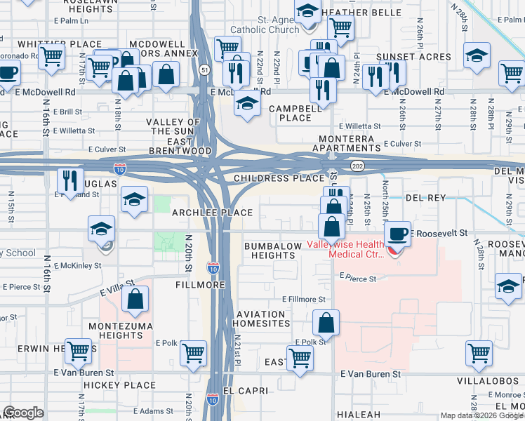 map of restaurants, bars, coffee shops, grocery stores, and more near 2138 East Roosevelt Street in Phoenix