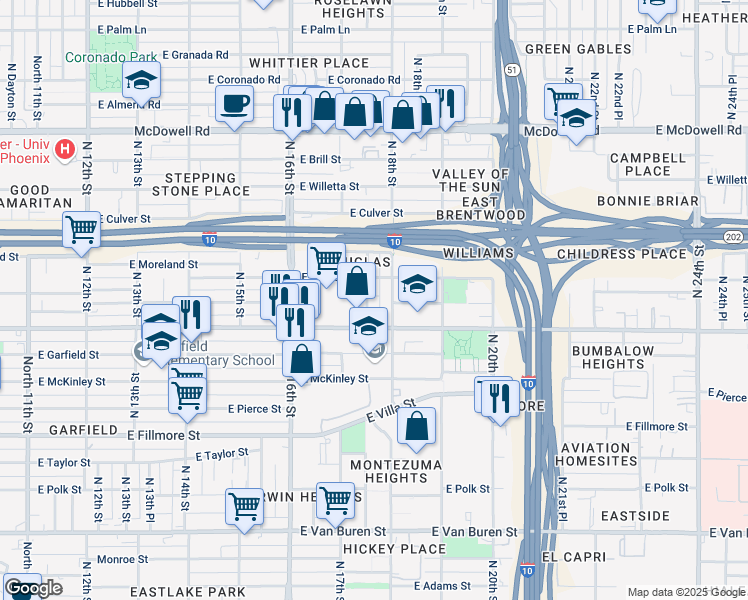 map of restaurants, bars, coffee shops, grocery stores, and more near 1011 North Patricio Street in Phoenix