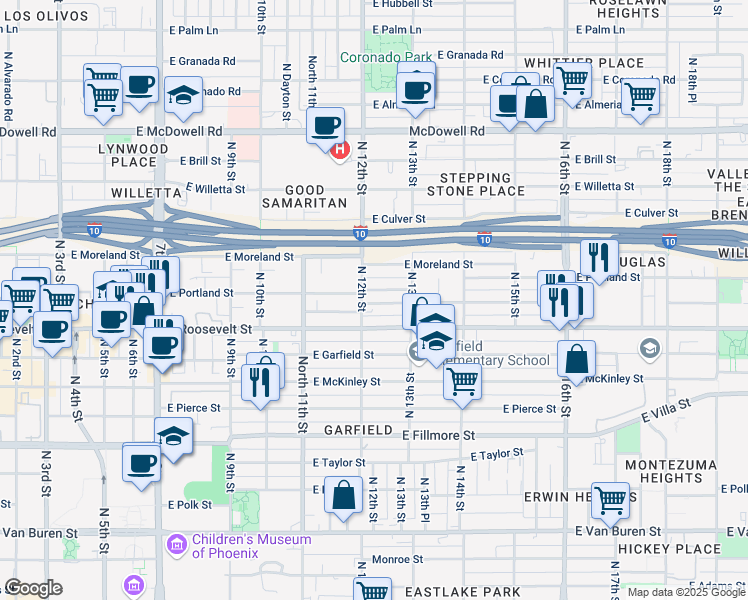 map of restaurants, bars, coffee shops, grocery stores, and more near 1210 East Roosevelt Street in Phoenix