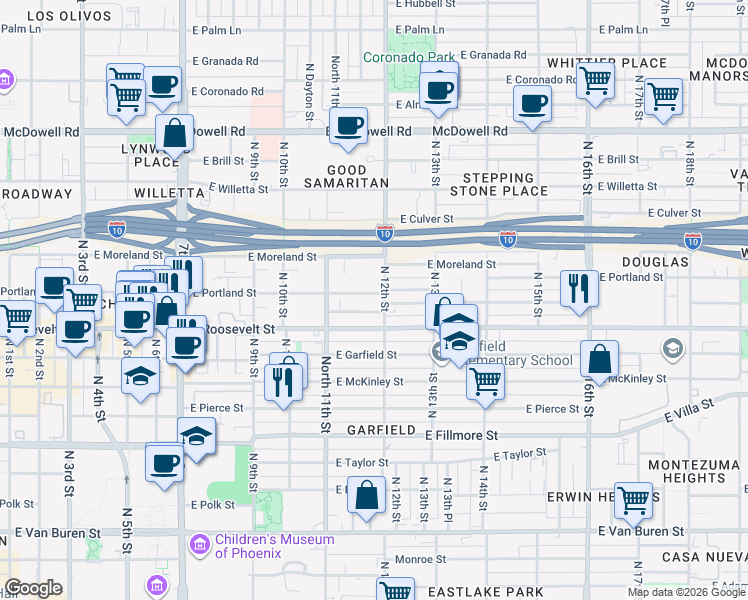 map of restaurants, bars, coffee shops, grocery stores, and more near 1134 East Roosevelt Street in Phoenix