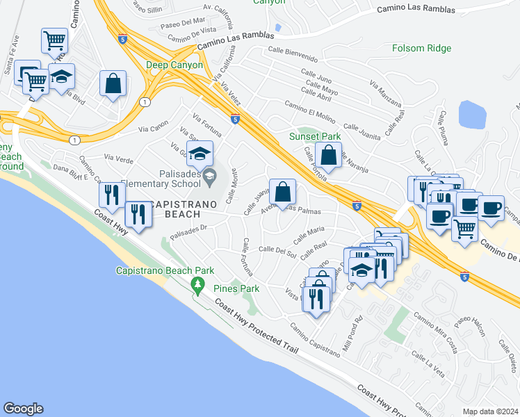 map of restaurants, bars, coffee shops, grocery stores, and more near 34681 Calle Loma in Dana Point