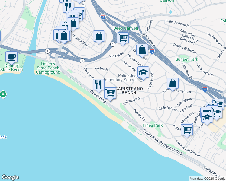 map of restaurants, bars, coffee shops, grocery stores, and more near 34655 Camino Capistrano in Dana Point