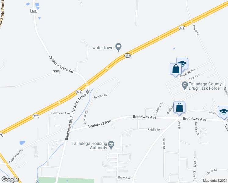 map of restaurants, bars, coffee shops, grocery stores, and more near 4107 Brecon Circle in Talladega