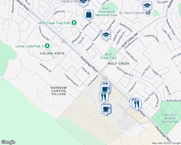 map of restaurants, bars, coffee shops, grocery stores, and more near 45911 Parsippany Court in Temecula