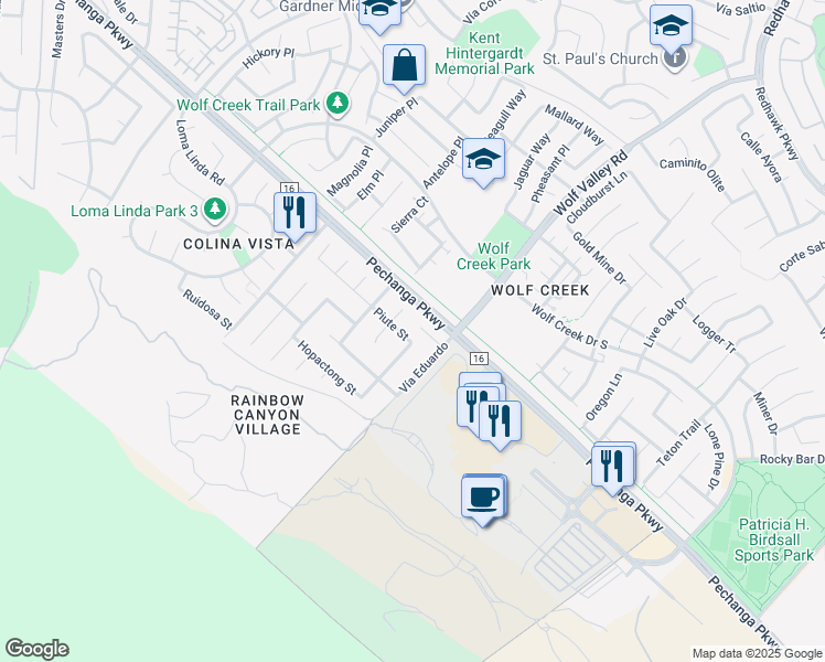map of restaurants, bars, coffee shops, grocery stores, and more near 45911 Parsippany Court in Temecula