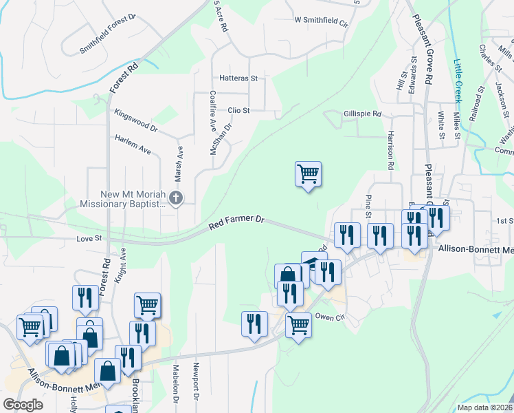 map of restaurants, bars, coffee shops, grocery stores, and more near 169 Hardy Road in Bessemer